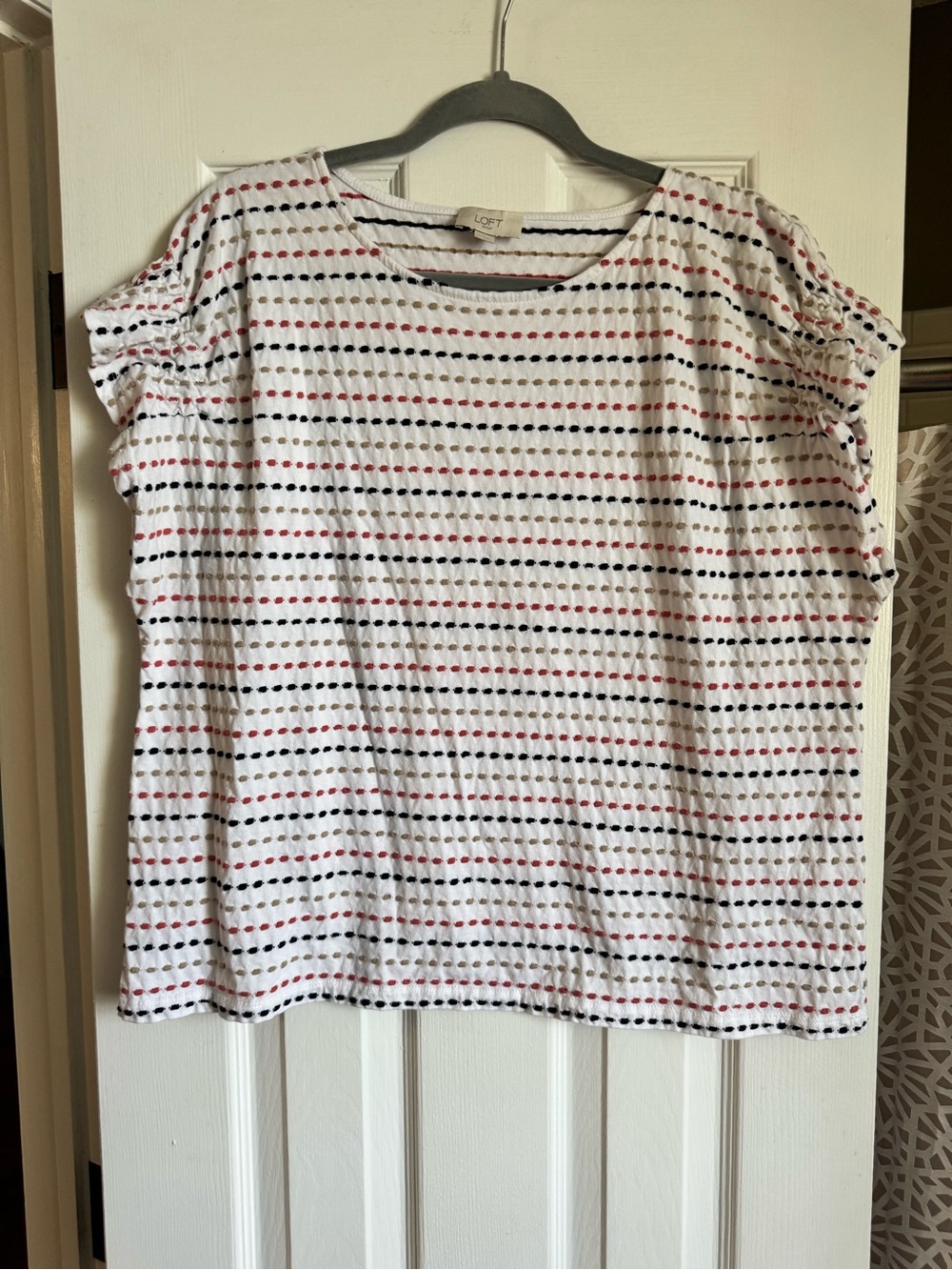 LOFT White Tee with Coral, Sand, & Navy Dotted Stripes